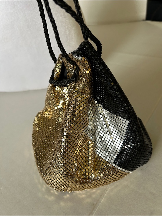 Creative designs Handbags - CREATIVE DESIGNS GOLD BLACK METAL MESH DRAWSTRING POUCH OR MINI BUCKET BAG